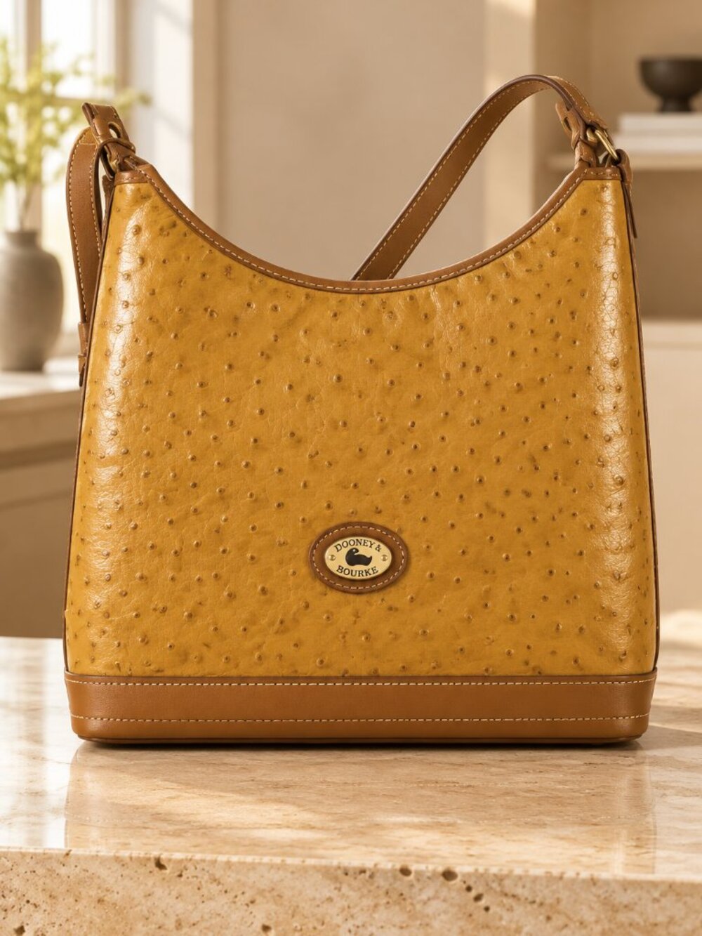Vintage Dooney & Bourke Tan Ostrich Leather Hobo Shoulder Bag